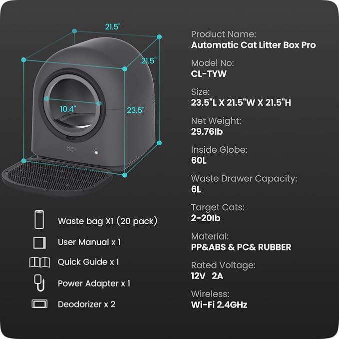 TYPro Self Cleaning Cat Litter Box Automatic Hands-Free Smart Robot self Cleaning Cat Litter Box for Multiple Cats with APP Control Safe with Litter Mat Waste Bags and Deodorizer Dark Grey