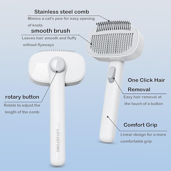 Pet Grooming Combo with Release Button - 2-in-1 Pet Detangling Brush and Cat Dematting Comb with Long & Short Stainless Steel Metal Teeth Easy to Remove Loose Undercoat,Matted Fur & Tangles