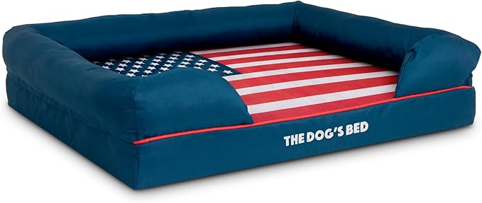 The Dog’s Bed, Large Blue Oxford with Red Trim USA Flag Dog Bed with Central Flag 36x27 Memory Foam, Pain Relief: Arthritis, Post Surgery,Waterproof Washable Cover, Veterinary Approved