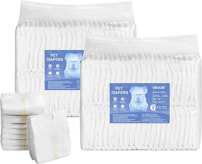 VEVOR Disposable Dog Diapers, Super Absorbent Female Dog Diapers, 360° Leak-Proof Female Doggy Pet Diaper with Wetness Indicator for Heat Period, Training, Incontinence - S, 96 Count (2 Packs of 48)