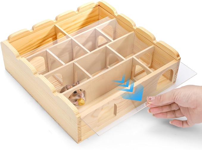 ZENFUN Wooden Hamster Maze with Clear Acrylic Cover, Multi-Chamber Hamsters Hide Tunnel Cage, Hideout Tunnel Toy Shed and Explore Toy for Dwarf Hamsters Mice Small Gerbil（Free-Installation）
