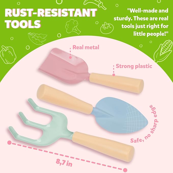 Floral Garden Kit Tools - Includes Sturdy Tote Bag, Watering Can, Gloves, Shovels, Rake, and Delightful Children's Book - Kids Garden Tool Set -Easter Gifts for Toddler Age on up