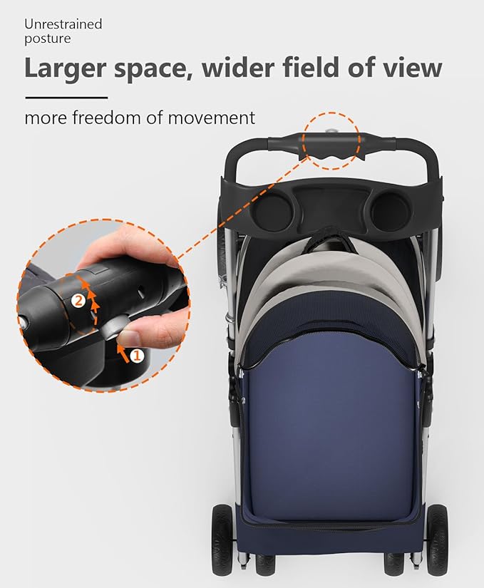 Pet Stroller with 4 Wheels for Small/Medium Pets,Travel Foldable Detachable Carrier for Dog Cat Cage Jogger Stroller, Rear Wheel Breaks, Storage Basket, Visible Mesh Weather Cover (Navy Blue)