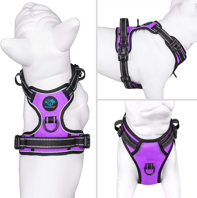 PHOEPET Reflective Dog Harness No Pull Large Breed Vest with 2 Metal Leash Attachment Hooks(L, Purple)
