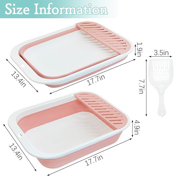 Fhiny Cat Litter Box Portable Shallow Litter Box 17.7"x13.4"x4.9" Foldable Cat Toilet with Scoop Open Kitty Potty Pan with Litter Drop Pedal Easy to Clean Travel Kitten Toilet(Pink)