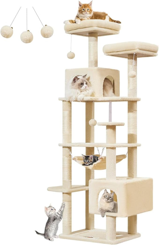 Taoqimiao Cat Tree, 68-Inch Cat Tree Cat Tower for Indoor Cats, Plush Multi-Level Cat Condo with 6 Scratching Posts, 2 Perches, 2 Caves,Hammock, 3 Pompoms,MS020SM Beige