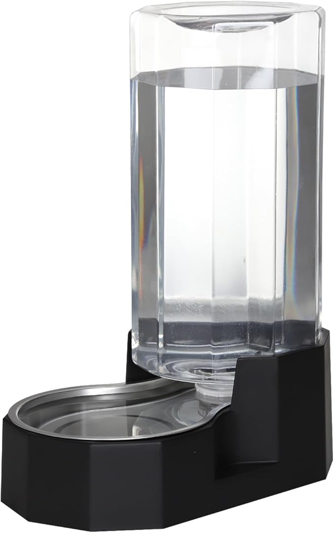 Sfozstra Large Dog Water Dispenser: 9L Automatic Black Water Feeder with Stainless Steel Bowl - Without Filter - Gravity Design for Multiple Pets Indoor/Outdoor