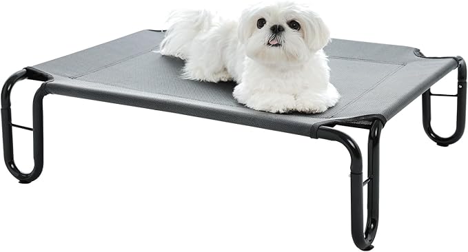 Pettycare Elevated Outdoor Dog Bed - Waterproof Cot for Small Dogs, Easy to Assemble, Cooling With Teslin Mesh, Durable, Non-Slip, Up to 35 lbs, Grey