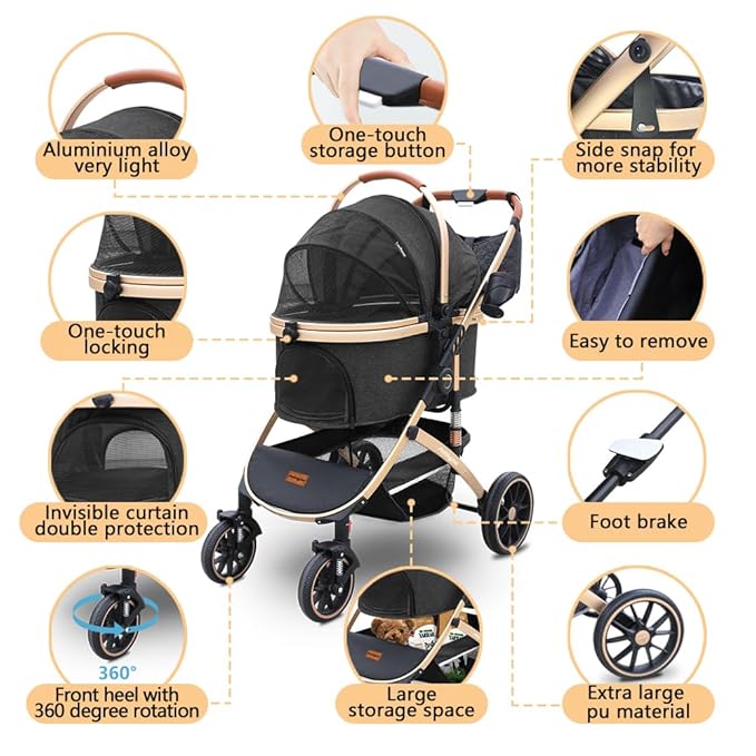 Pettingzoo Dog stroller with 4 Wheels, Folding Cat Stroller for Small/Medium/Large dogs & cats to 60 lbs, pet stroller with removable carrier, Storage Basket,Cup Holder,3 in1 Multifunctiona Detachable