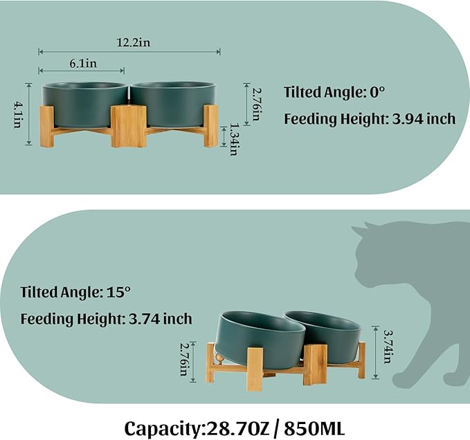 SPUNKYJUNKY 15° Slanted Ceramic Dog and Cat Bowl with Wooden Stand, Tilted Bulldog Food and Water Bowl No Slip Non-Spill for Cats Medium Dogs Big Face Pets 28.7 OZ (3.6 Cups, Green × 2)