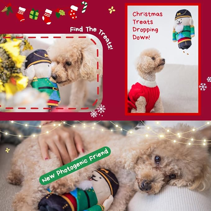 Nutcracker Treat-Dispensing Soft Plush Squeaky Pet Toy - Christmas/X’Mas Festive Enrichment Gift, Durable Cute&Fun Toy for Interactive Play,Hide Food for Nose-Work Puzzle, Small Medium Dogs