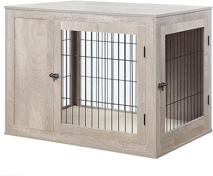 unipaws 41 Inch Furniture Style Dog Crate for Medium Large Dogs, Indoor Aesthetic Dog Stuff Kennel, Modern Wood Wire Cage, Pretty Cute End Side Table Nightstand, Weathered Grey