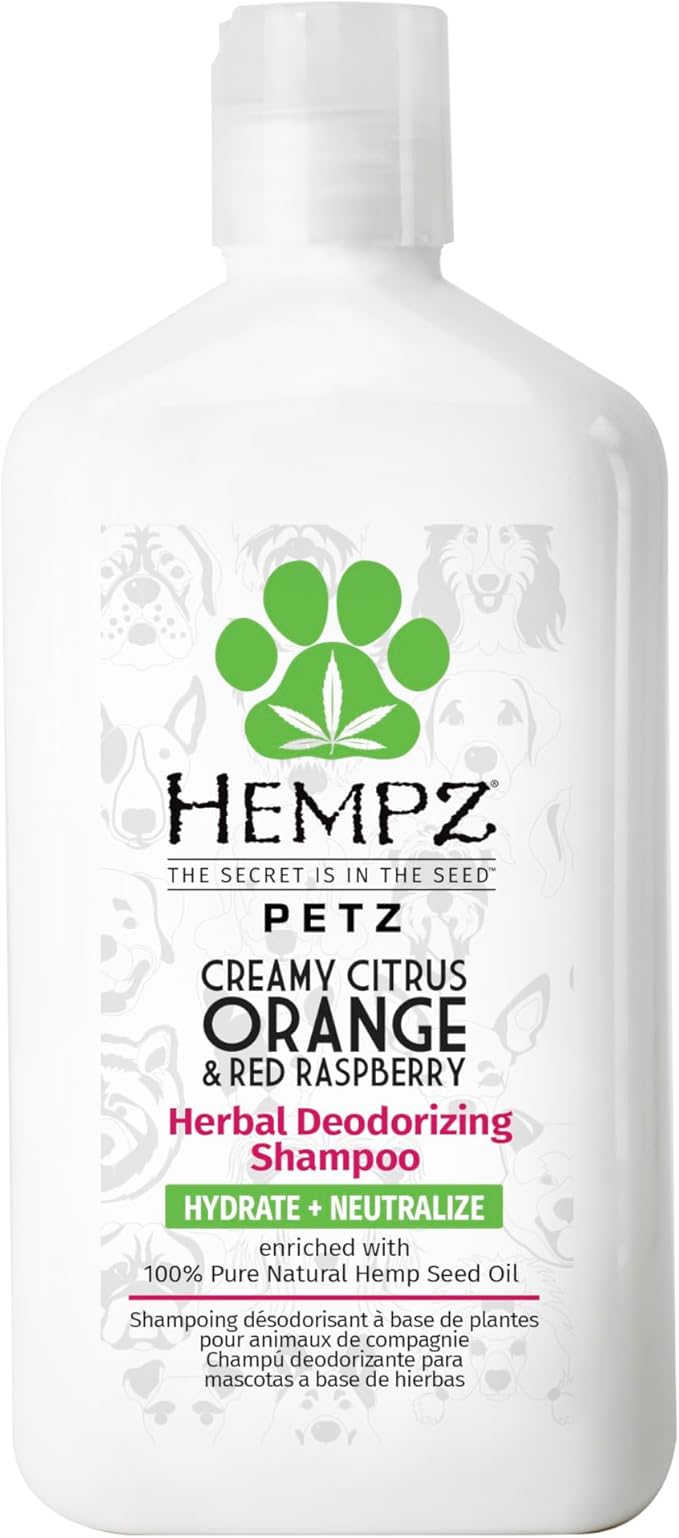 Hempz Petz Dog Shampoo, Creamy Citrus Orange & Red Raspberry Herbal Deodorizing Cleanser, 17 oz.