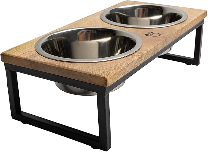 Mango Wood Dog Bowl Stand - Elevated Pet Feeder with 2 Stainless Steel Bowls - Raised Food and Water Dish Set for Dogs and Cats, Available in 4 Sizes, Pet Dining Station, Large/48oz