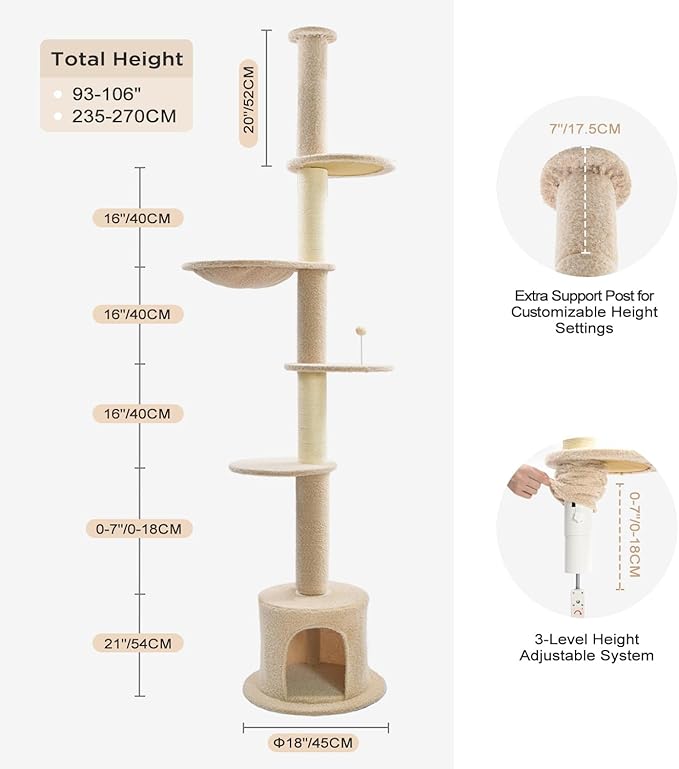 Made4Pets Floor to Ceiling Cat Tree 93-106'',Tall Cat Tower 5 Tiers, Adjustable Height, Stable Cat Tree Tower with Scratching Posts, Fluffy Condo, Hammock and Ball Toy for Indoor Cats/Kitten, Beige