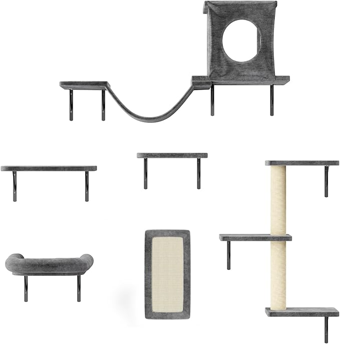 NUNU LAB Cat Wall Shelves, 6 Pcs Luxury Wall-Mounted Cat Climber Set, Indoor Cat Furniture with 1 Condos House, 2 Cat Wall Shelves, 1 Scratching, 1 Bridge Ladder, 1 Scratching Pad, Dark Gray