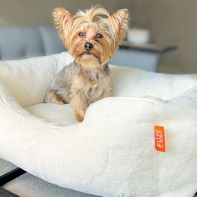 FUZI Luxury Aesthetic Dog Bed with Extra Cover for Large Dogs, Washable Pet Couch, Pet Bed with Sides, Non-Slip Bottom, Soft and Durable Calming Dog Bed, Faux Fur, Large 35.6x28.5x9.5 Soft White