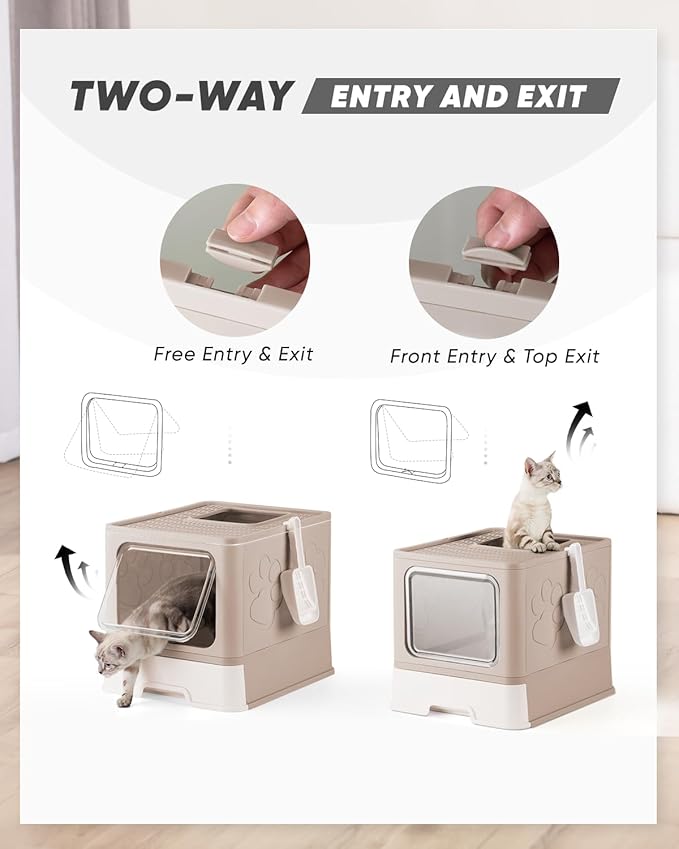 Enclosed Cat Litter Box, Large Litter Box for Big Cats, Covered Kitty Litter Boxes with Lid, Top Entry Cat Box Enclosure with Scoop, Odor Control, Easy to Clean(Coffee)