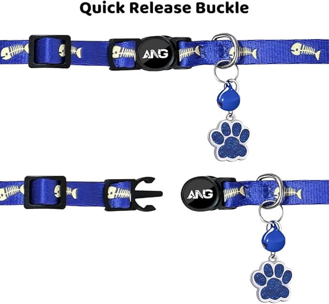 Personalized Breakaway Cat Collars Glow-in-The-Dark with ID Tag, Bell - Safety Quick - Release, Customizable for Female Male Kittens & Cats (Navy)