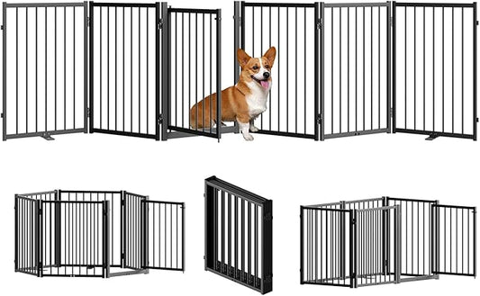 Full Metal Freestanding Dog Gate with Door, 24'' Height Foldable Pet Dog Fence for Indoor & Outdoor, 6 Panels Extra Wide Free Standing SmallDog Gates for Doorways,House,Stairs,Porch,Deck,Yard