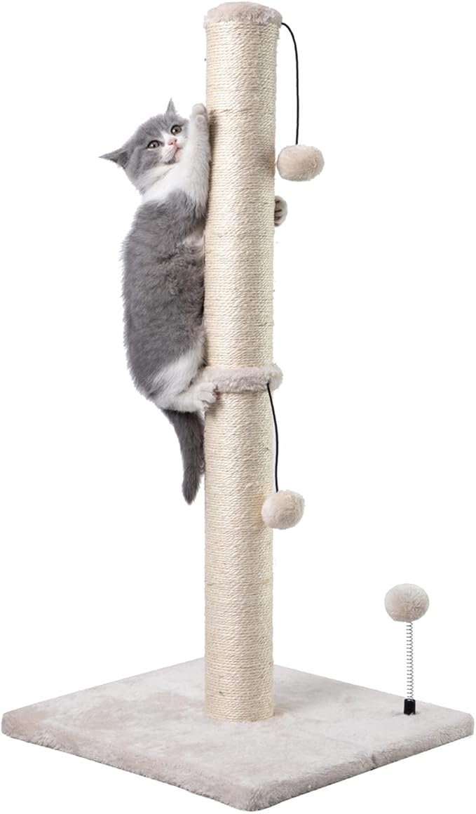 MECOOL 34” Tall Cat Scratching Post Premium Basics Kitten Scratcher Sisal Scratch Posts Trees with Hanging Ball for Indoor Cats, Beige