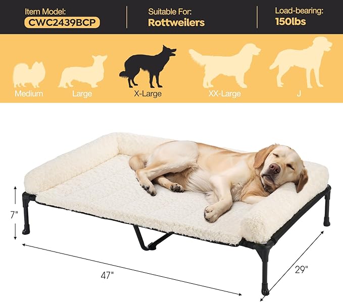 Veehoo Cooling Elevated Dog Bed Add Removable Deluxe Rose Plush Bolster Cushion Mat, 47" x 29" Washable Dog Couch Bed, Raised Pet Cot with Breathable Teslin Mesh, No-Slip Feet, White, CWC2439B