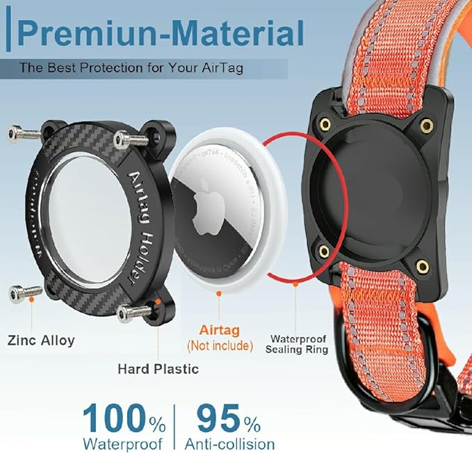 Upgraded AirTag Dog Collar, IP68 Waterproof Dog Collar with Apple Air Tag Holder, Reflective Adjustable Heavy Duty Dog Collars with Soft Padded for Small, Medium and Large Dogs,Orange, L
