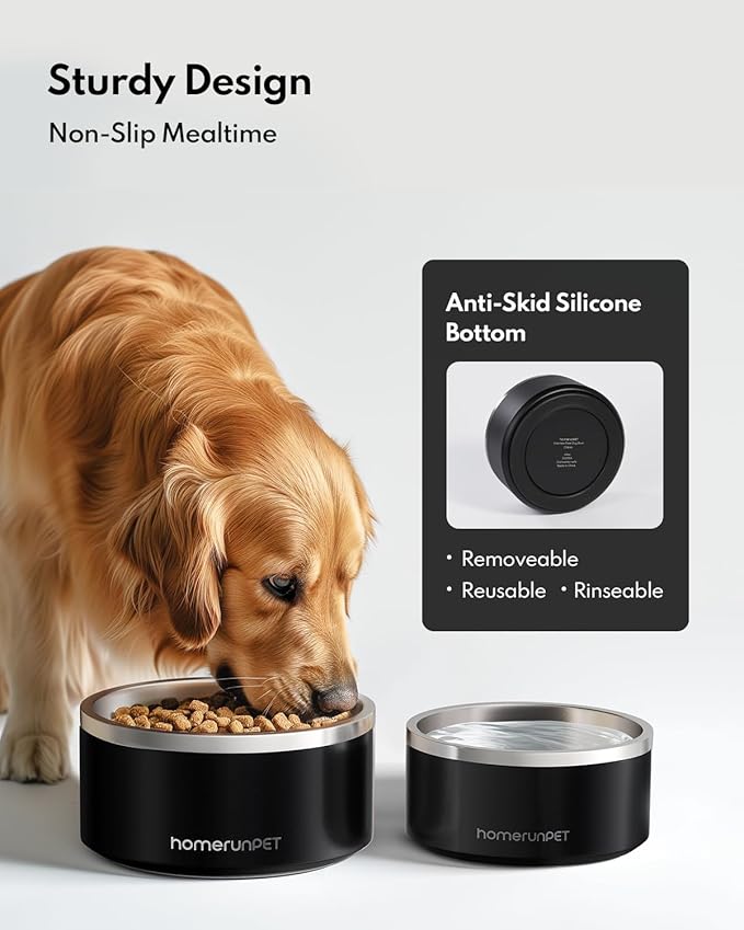 Homerunpet Double Wall Stainless Steel Dog Bowls, Non-Slip Base, Dishwasher Safe, Durable Pet Food & Water Bowl for Dogs & Cats(32oz, Black)