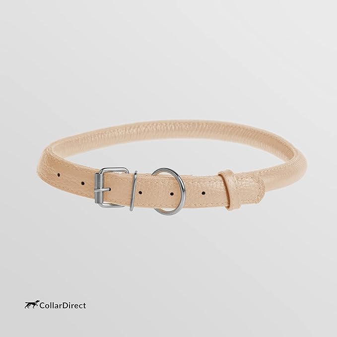 CollarDirect Rolled Leather Dog Collar, Soft Padded Round Puppy Collar, Handmade Genuine Leather Collar Dog Small Large Cat Collars 13 Colors (15-19 Inch, Beige Textured)