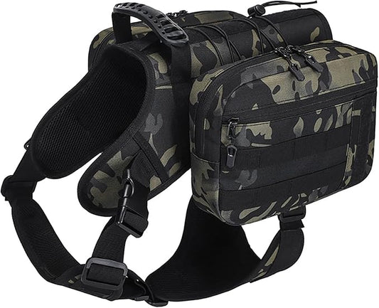BYGD Dog Saddle Backpack for Hiking, Lightweight Waterproof Harness with Removable Bags for Large Dogs, Outdoors (Camo)