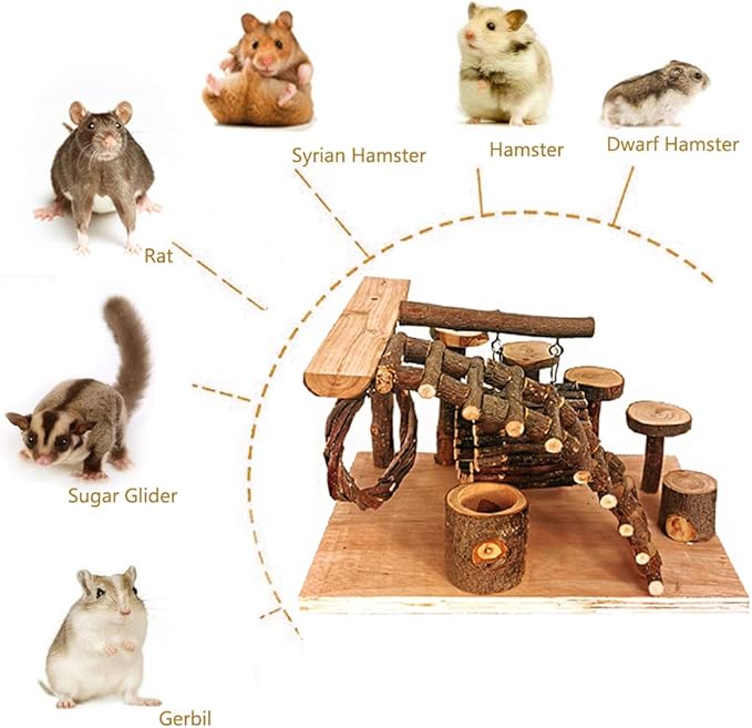 Tfwadmx Wooden Hamster Playground Platform, Small Animals Activity Set Climbing Bridge Ladder Ramps Toys for Mouse Dwarf Hamster Gerbil Chinchilla Guinea Pig Sugar Glider Syrian Hamster