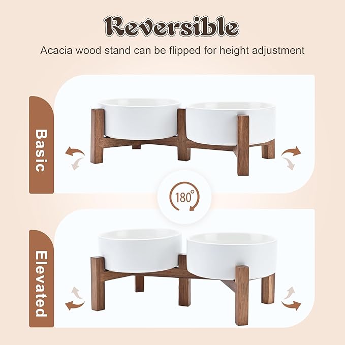 SPUNKYJUNKY Ceramic Dog Bowls with Acacia Wood Stand - Raised Dog Food and Water Bowl Set for Small Dogs (13.52 OZ, White)