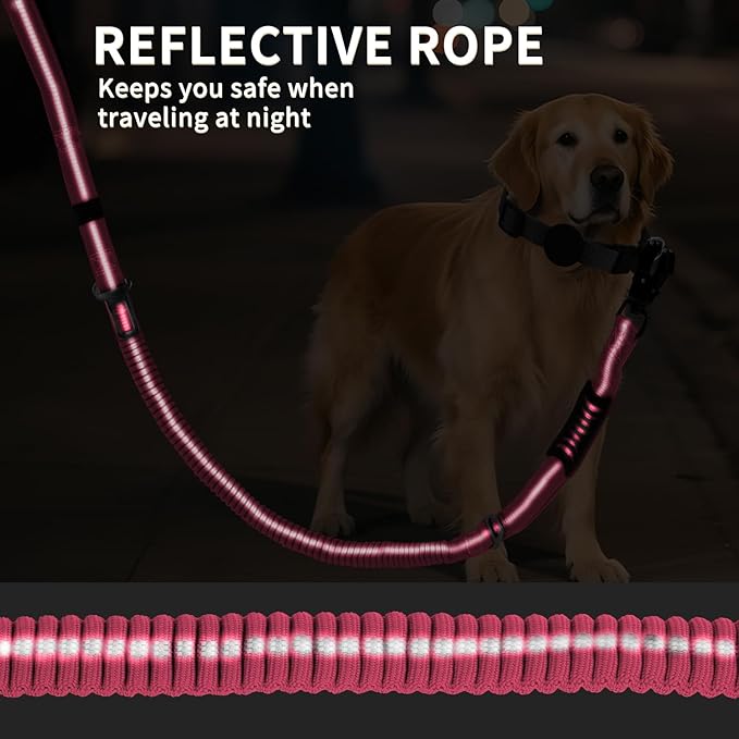 Heavy Duty Tactical Bungee Dog Leashes, 4-6FT Shock Absorbing Tactical Dog Leash with 2 Padded Handles, Metal Carabiner Clip,Car Seatbelt, Reflective Dog Leash for Medium Large Dogs (Pink)