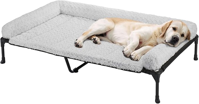 Veehoo Cooling Elevated Dog Bed Add Removable Deluxe Rose Plush Bolster Cushion Mat, 53" x 33" Washable Dog Couch Bed, Raised Pet Cot with Breathable Teslin Mesh, No-Slip Feet, Grey, CWC2439B