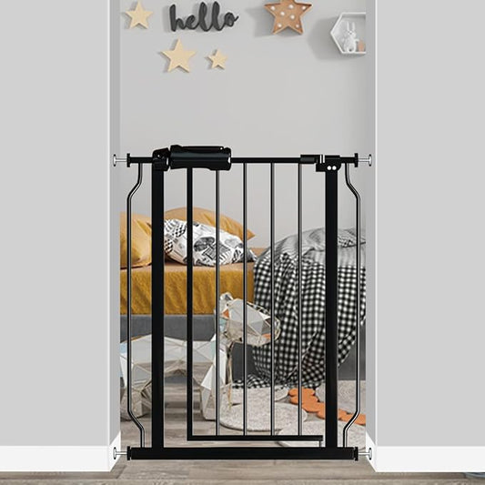 Narrow Baby Gate for Doorways Stairs, 24-29" Wide Pressure Mounted Walk Through Metal Auto Close Safety Child Gatesfor Kids or Pets, Black
