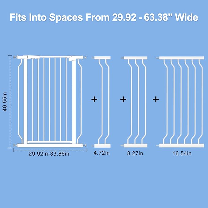 WAOWAO Extra Tall 40.55" Baby Gate 29.92-63.38" Wide Pressure Mounted Walk Through Swing Auto Close Safety White Metal Toddler Child Dog Pet for Indoor Stairs,Doorways,Kitche