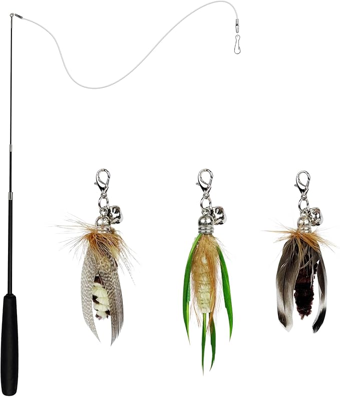 TTcat Cat Feather Wand Toys,Retractable Wand Toy with 3 Mini Insect Refills, Transparent Carbon Wire,Interactive Cat Toy Kitten Toy for Indoor Cats to Play Chase Exercis