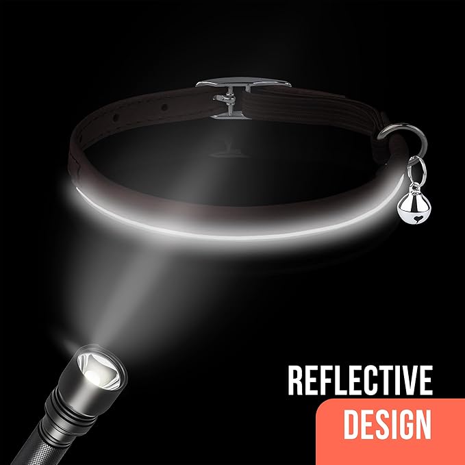 OOPSDOGGY Rolled Leather Cat Collar with Bell, Reflective Kitten Collars with Buckle Include Safety Elastic Strap - Adjustable Small Pet Collars for Boy Girl Cats (Dark Brown)