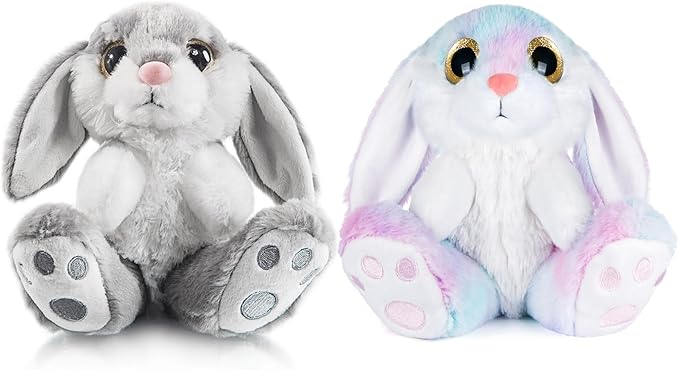 My OLi Bunny Stuffed Animal Pack of 2 Plush Rabbit 7in Stuffed Bunny with Floppy Ear Bedtime Friend Soft Toy Gifts for Girls Boys Kids, Gray & Rainbow
