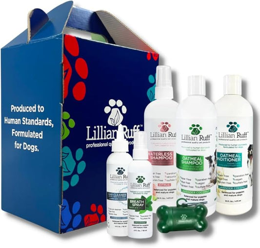 Lillian Ruff Starter Pack Gift Set for Dogs | Oatmeal Shampoo, Oatmeal Conditioner, Waterless Shampoo Citrus, Ear Cleaner & Otic Wax Solvent, Breath Spray, Leash Clip Waste Bag Dispenser with 15 Bags