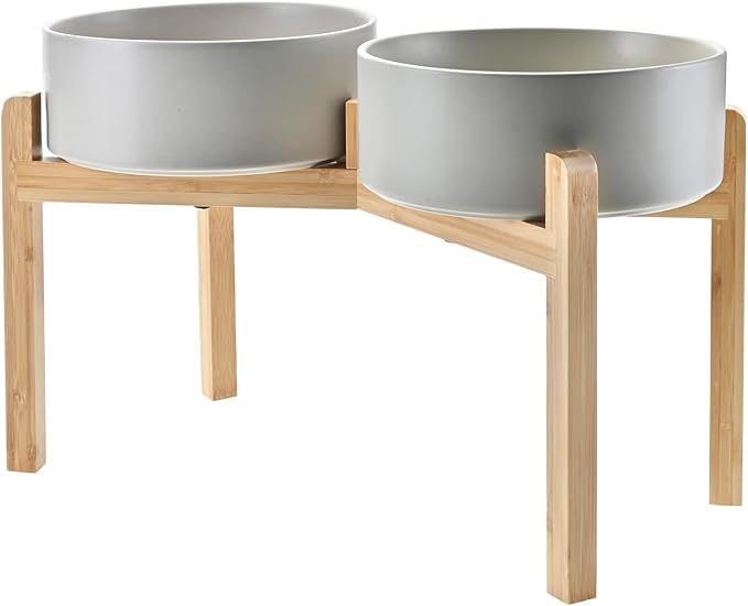 SPUNKYJUNKY Elevated Dog Bowls Ceramic, 8.3'' Dogs Food Water Bowls Raised with Non-Slip Bamboo Stand for Large Sized Breed Microwave Dishwasher Safe - 60 OZ,Grey