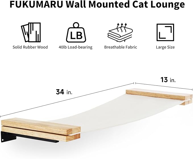 FUKUMARU Cat Wall Furniture, 34 x 13 inch Cats Hammock Shelves, Rubberwood Kitten Window Perch, Easy DIY Installation