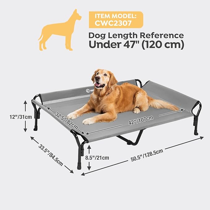 Veehoo Cooling Elevated Dog Bed, XL Raised Pet Cot with Guardrail & Slope Headrest, Durable Breathable Teslin Mesh, Non-Slip Feet, Washable Dog Couch Bed for Indoor & Outdoor, 50.5" x 33.5, Gray