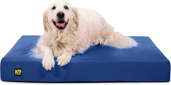 K9 Ballistics Tough Ripstop Orthopedic Rectangle Dog Bed Removable Washable Cover, Solid Orthopedic Foam for Size L Large Dogs 40"x34", Blue Quartz