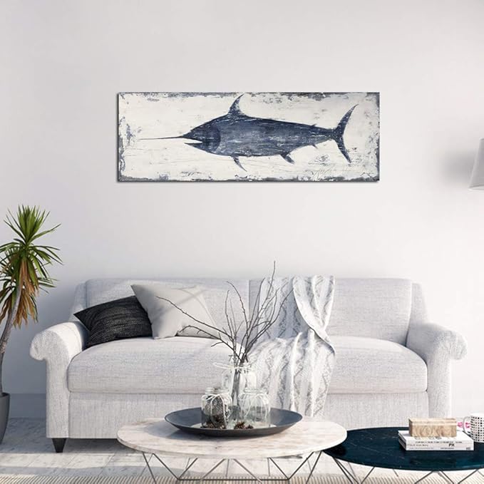 Yihui Arts Fish Canvas Art Wall Decor Blue Marlin Bursts Pictures for Living Room Contemporary Paintings Artwork House Decor