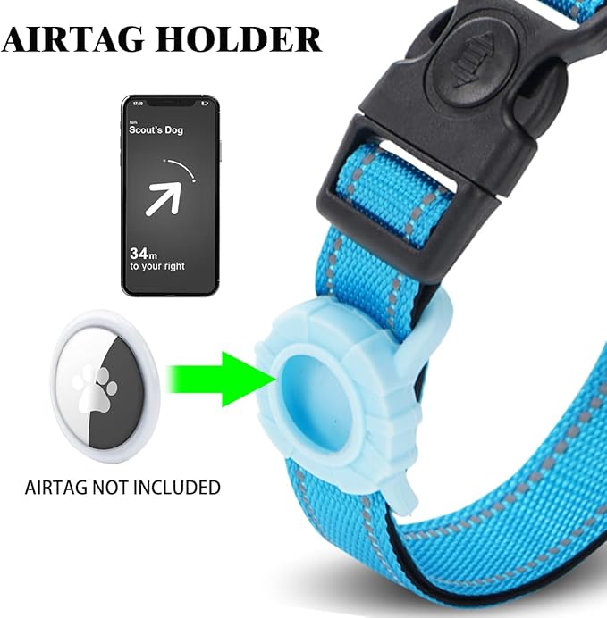 JSXD AirTag Dog Collar, Night Reflective Nylon Dog Collar for Small Medium Large Dogs,Lockable Quick Release Buckle,Padded Breathable Pet Collar with AirTag Holder (Blue, Large)