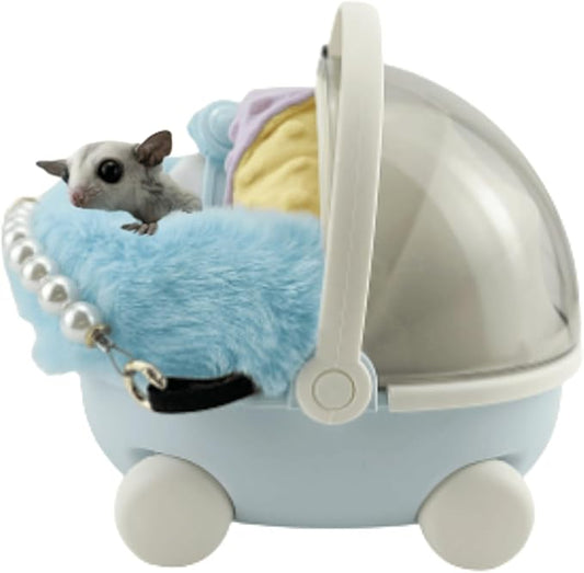 Sugar Glider Carrier Cage with Warm Nest, Cushion, Mat and Safe Lock, Portable Cages with Chain, Small Animals Travel Carrier Plastic Breathable Outgoing Box for Hamsters (Blue)