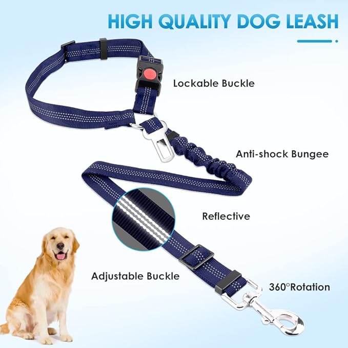 SlowTon Dog Seat Belt for Car, 2 Pack Dog Car Harness Seatbelt Adjustable with Elastic Bungee Buffer, 2 in 1 Pet Car Leash Headrest Restraint Dog Reflective Safety Tether (Blue, Headrest+Clip)