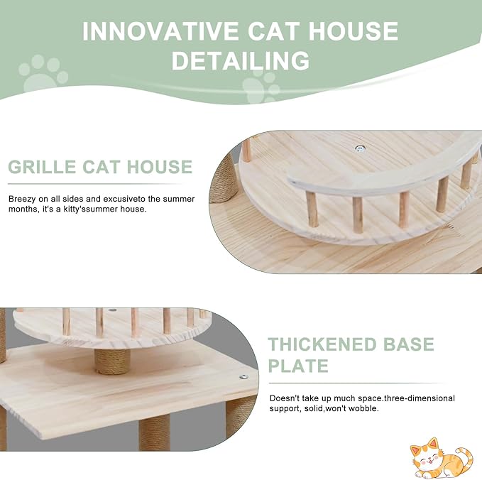 Wood Cat Tree 17” x 16”x 53” Modern Sturdy Cat Tower with Double Condos Hand-Woven Beds & Toys Multilevel Huge Paws Pals Tree Indoor Cat Furniture for Big Cats