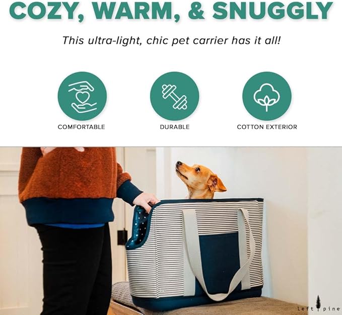 LeftPine x P.L.A.Y. Deluxe Dog Carrier Purse - Soft Sided Pet Travel Tote for Small Dogs & Puppies up to 16 Pounds - Built-in Safety Leash, Machine Washable Liner, Exterior Pocket (Navy Striped)